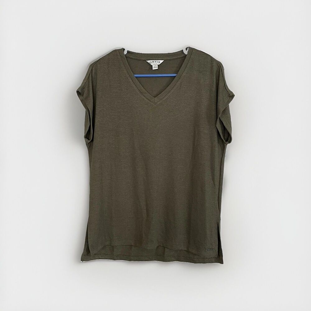 Orvis Basic Green Knit Shirt Size S Soft V-neck